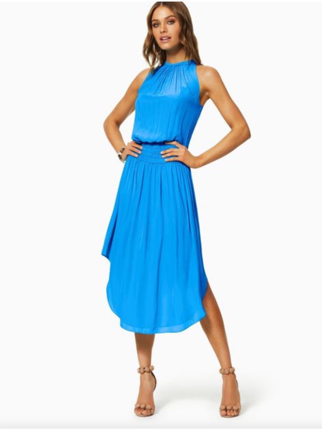 Ramy Brook Audrey Blouson Smocked Midi Dress Lake Blue Nwt